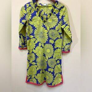 Boden Womens Floral Tunic Midi Dress 3/4 Sleeve Size 6 Purple Lime Green